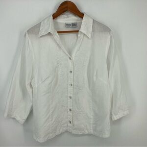 Alexandra Bartlett 100% Linen Blouse Woman Plus Size 1X Embroidery White 3/4 Slv